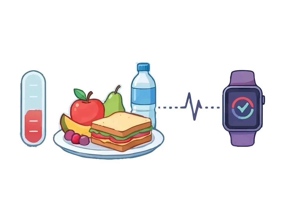 Simple icons of a plate of food, an electronic monitor, and a gauge.