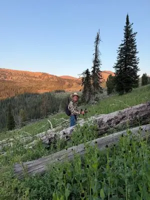 Will Anderson hikes up a mountain through flowers and deadfall trees.