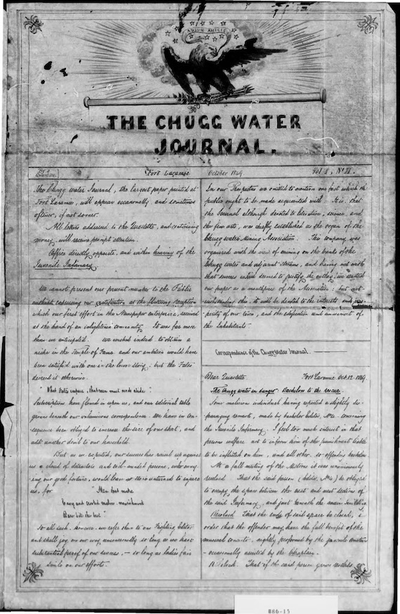 An old document titled The Chugg Water Journal with a logo of a bald eagle.